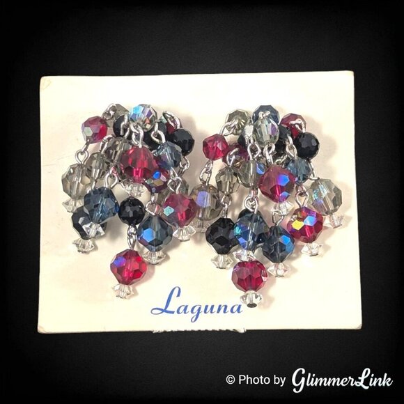 VTG 50s LAGUNA Multicolor Cha Cha Beaded Cluster Silver Tone  Clip On Earrings - Picture 1 of 12